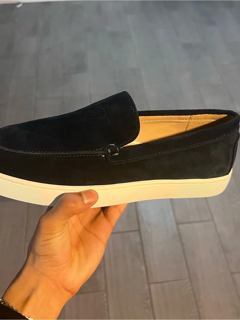 Christian Louboutin Navy Suede Slip-On Loafers with White Sole